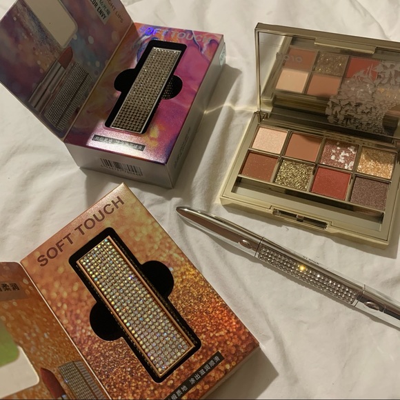 Rhinestone Diamond Silver and Gold Eyeshadow, Eyebrow Pencil and 2 Lipsticks NIB - Picture 1 of 16